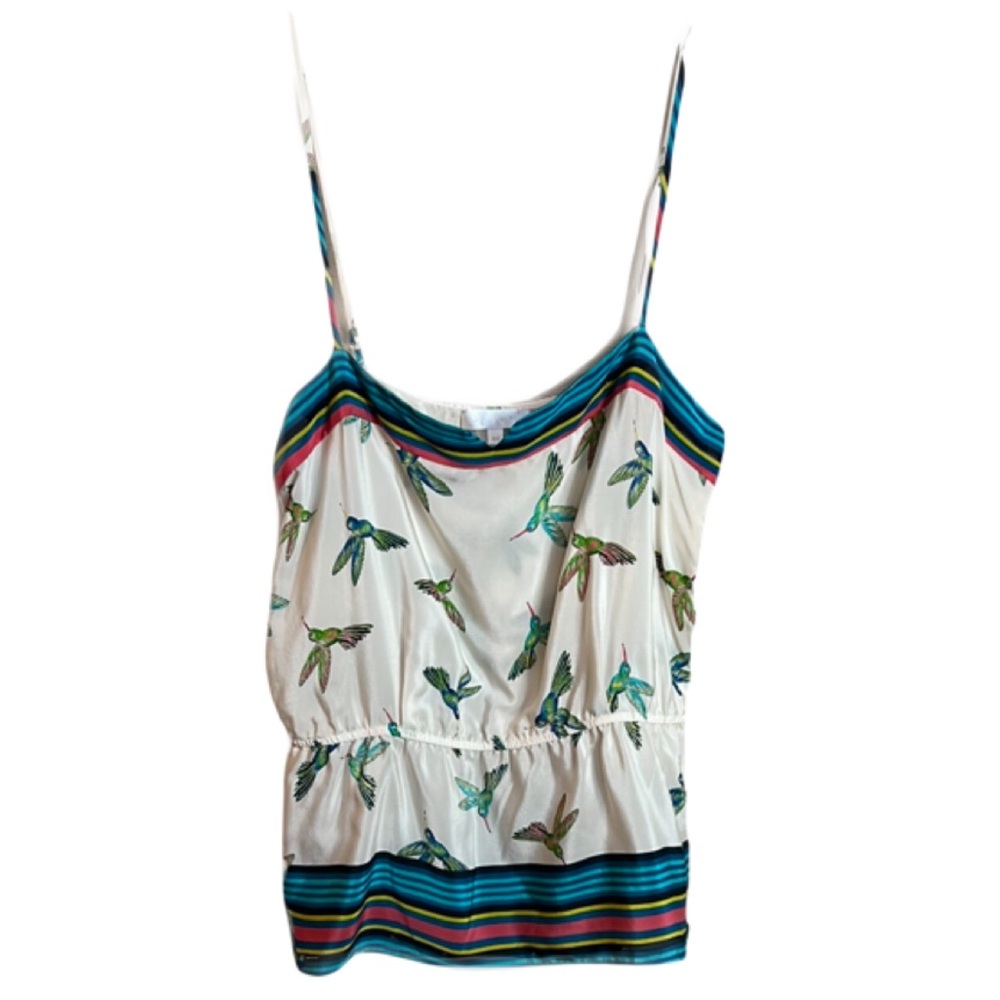 Glam Sz Medium 100% Silk Hummingbird Cream Blue Fitted Camisole Top NWOT